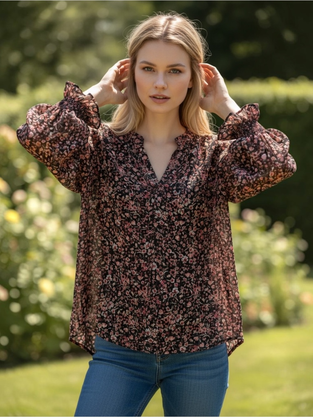 Vince Camuto Shimmer Lurex Pinstripe Ditsy Floral Ruffle Sleeve Peasant Blouse L